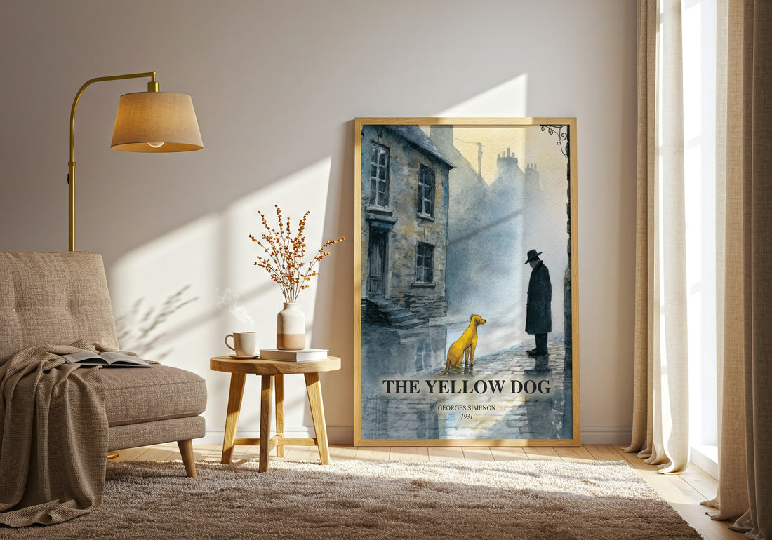 The Yellow Dog watercolour print in frame leaning in hallway – mystery wall art (mockup)