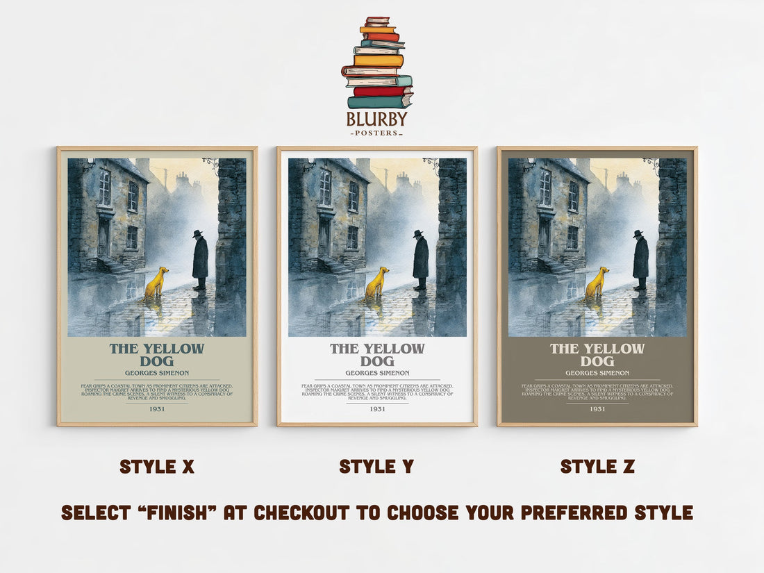 The Yellow Dog bookish print in frame leaning in hallway – crime wall art (mockup)