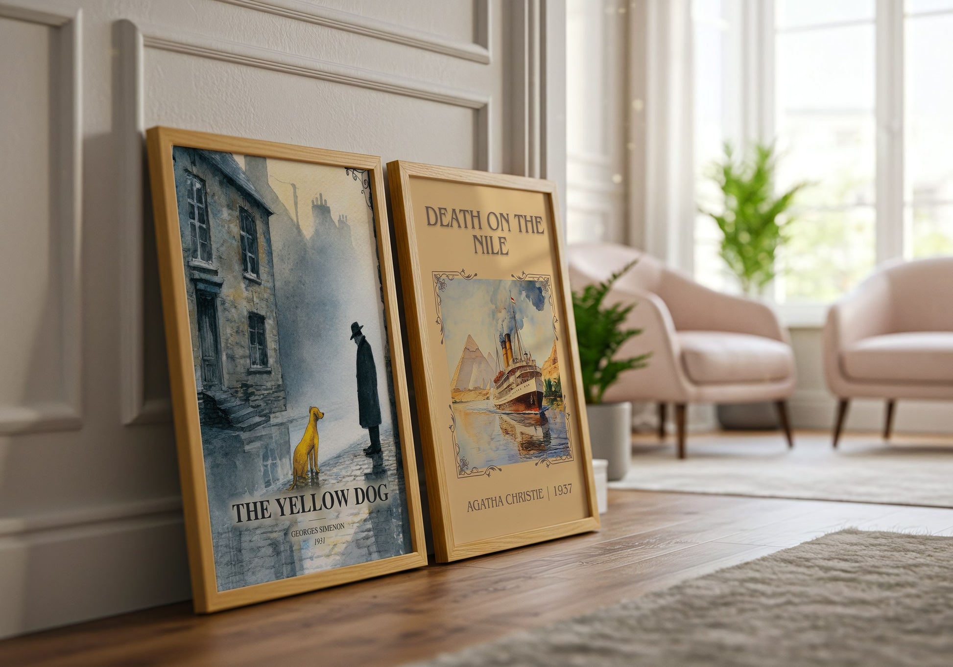 The Yellow Dog watercolour print framed by window – literary home decor