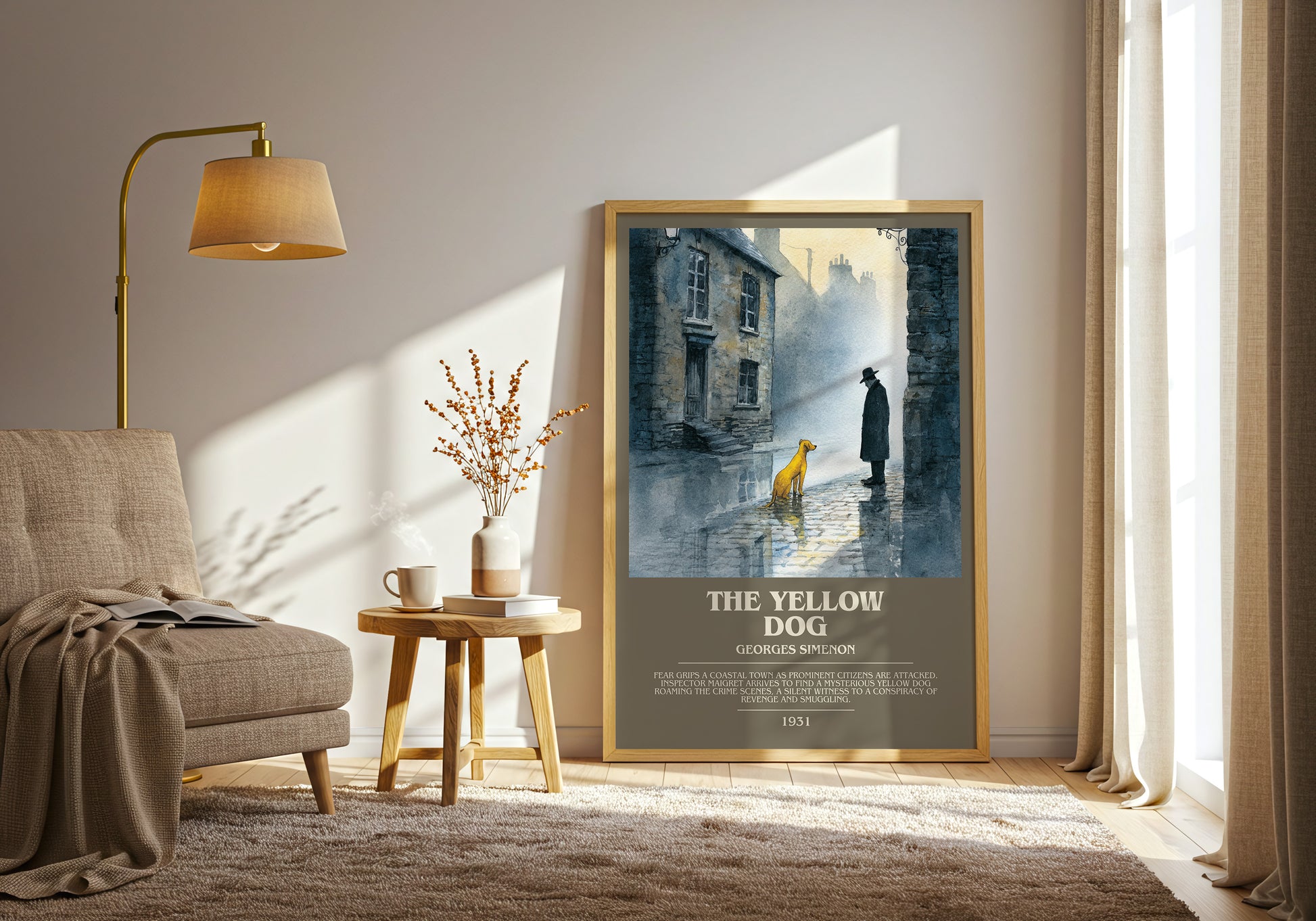 The Yellow Dog bookish print framed by window – literary home decor