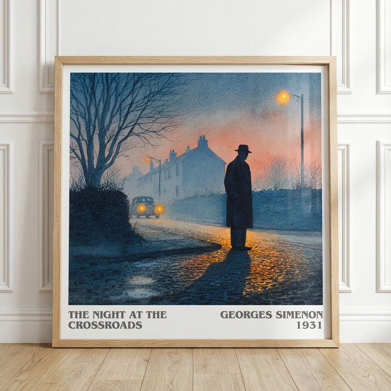 The Night At The Crossroads literary print in frame leaning in hallway – crime wall art