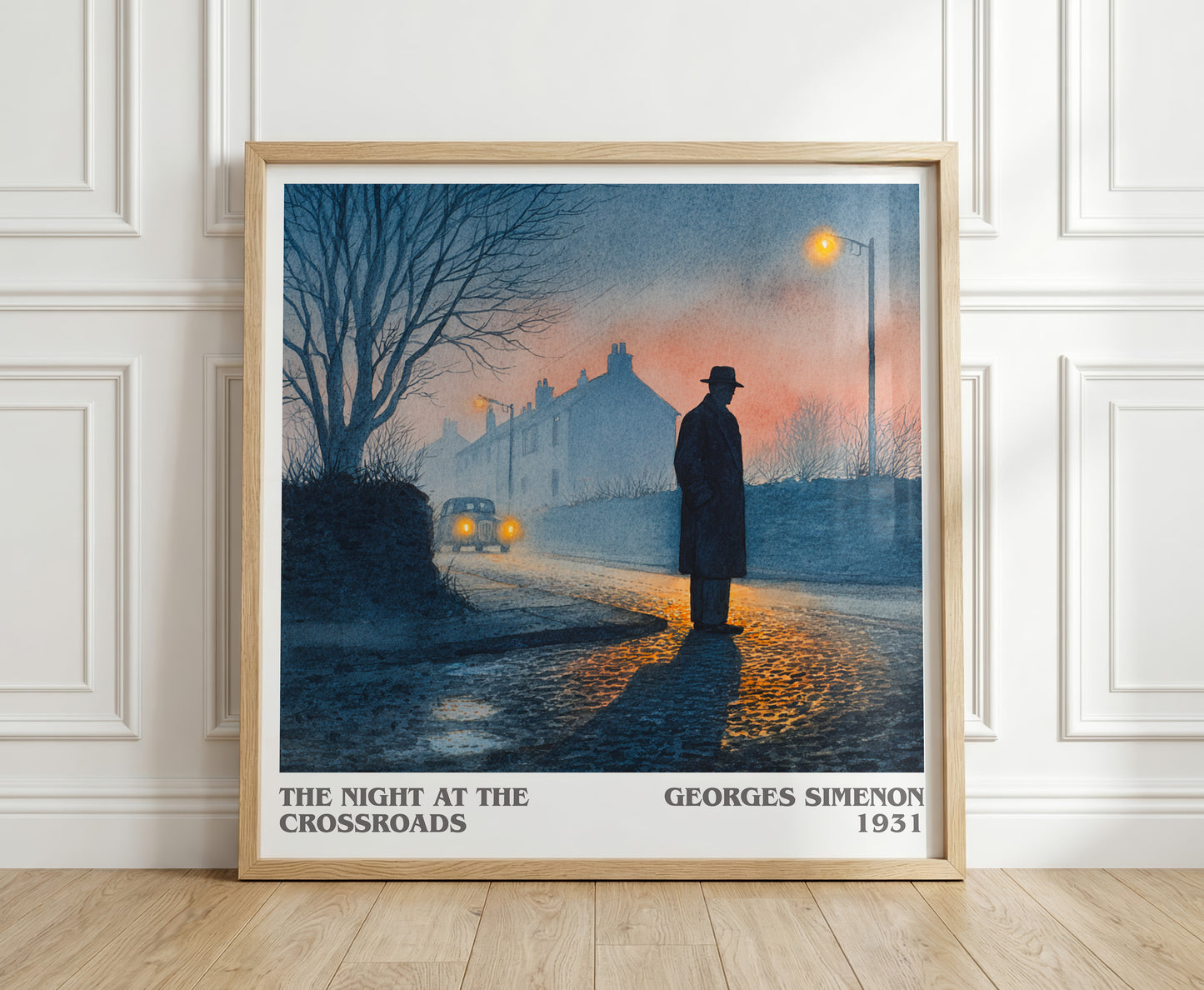 The Night At The Crossroads literary print in frame leaning in hallway – crime wall art