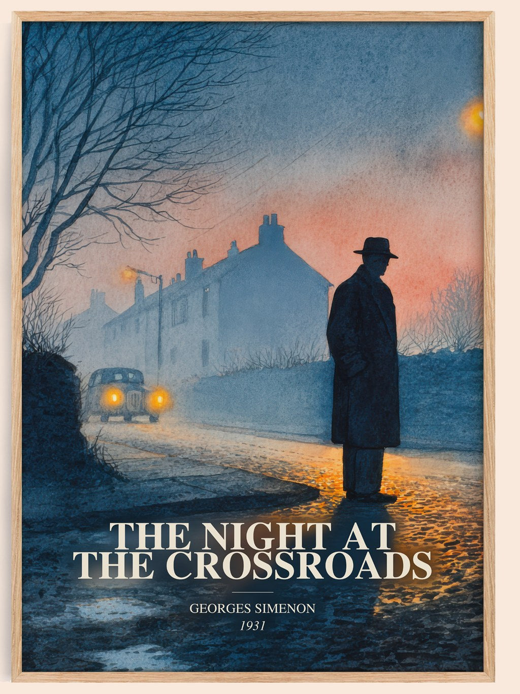 The Night At The Crossroads watercolour book poster by Georges Simenon – framed literary art print