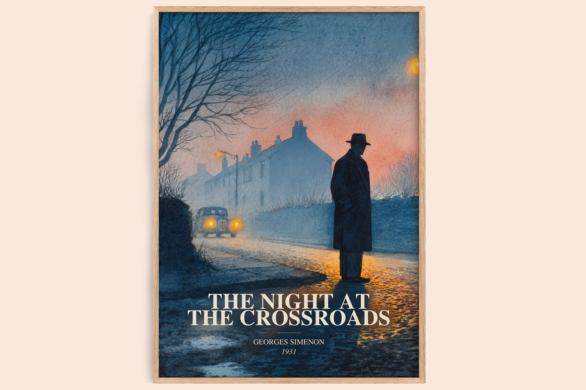 The Night At The Crossroads watercolour book poster by Georges Simenon – framed literary art print