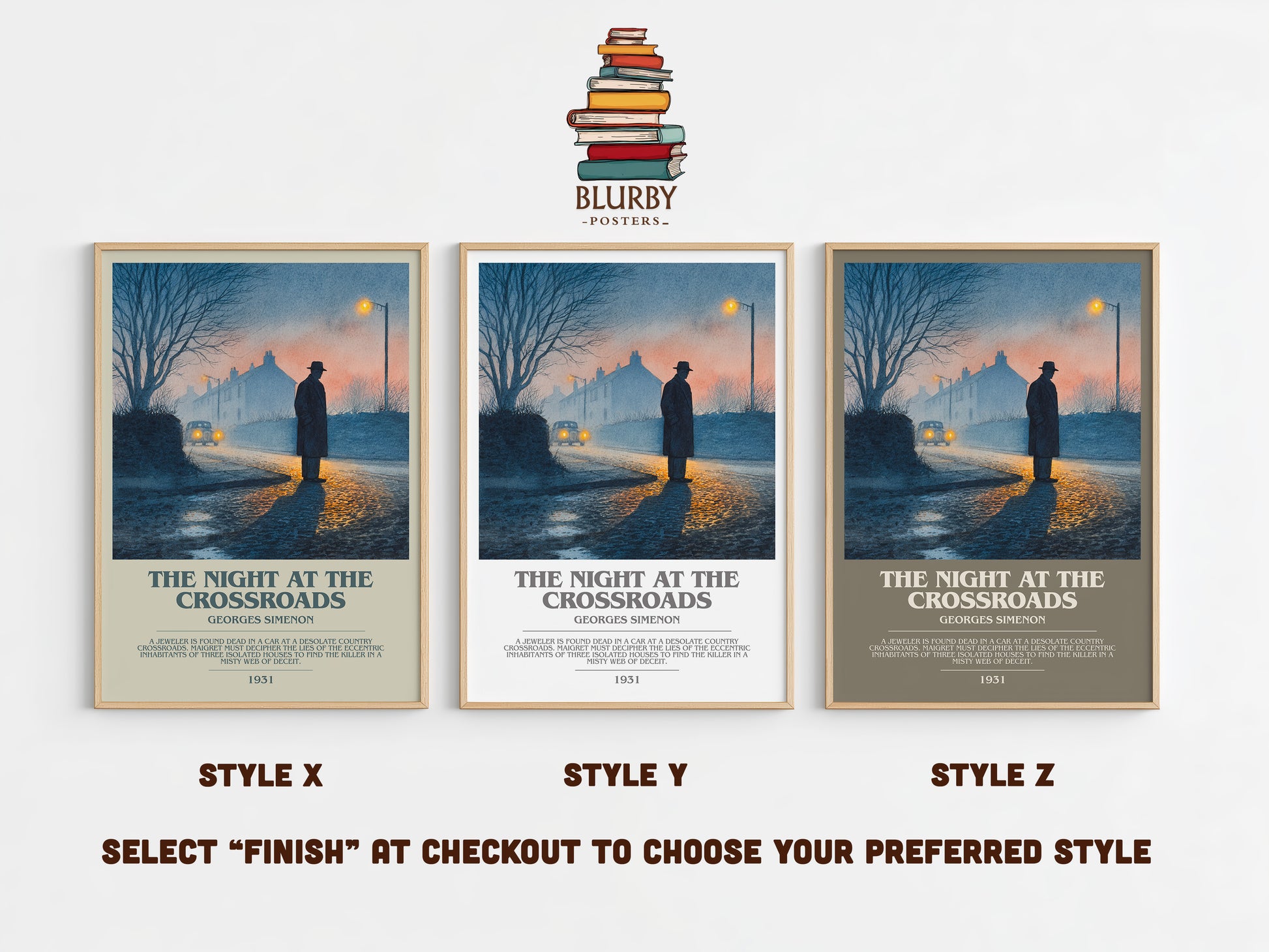 The Night At The Crossroads bookish print in frame leaning in hallway – crime wall art