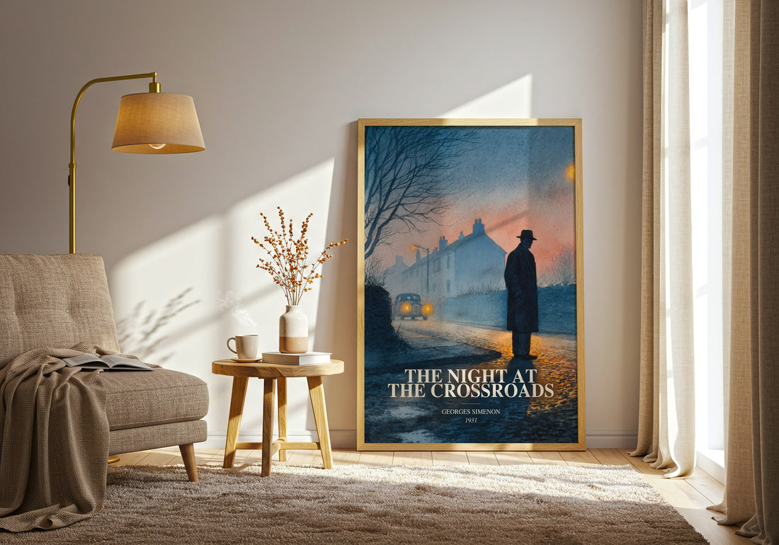 The Night At The Crossroads watercolour print in frame leaning in hallway – mystery wall art (mockup)