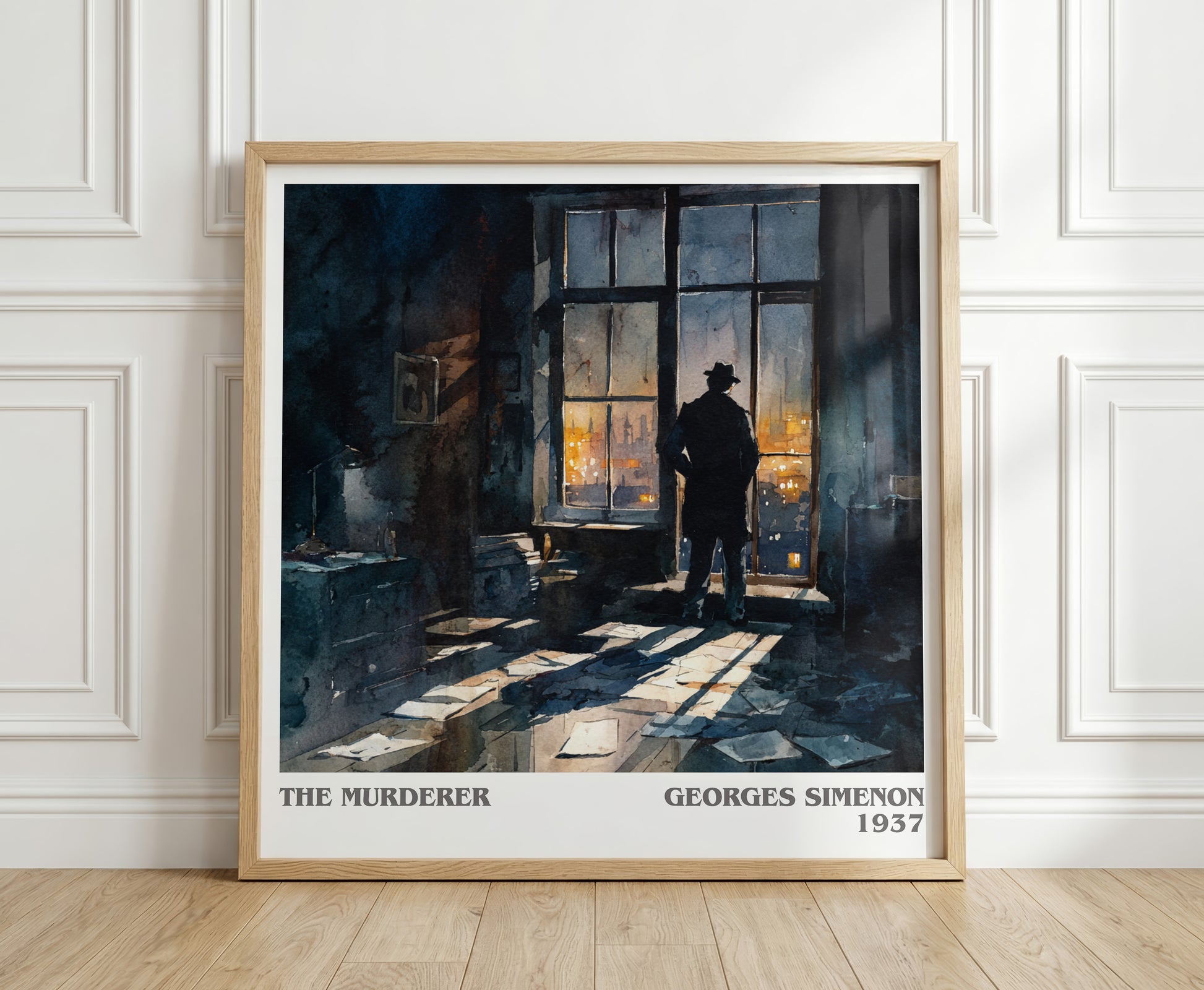The Murderer literary print in frame leaning in hallway – crime wall art