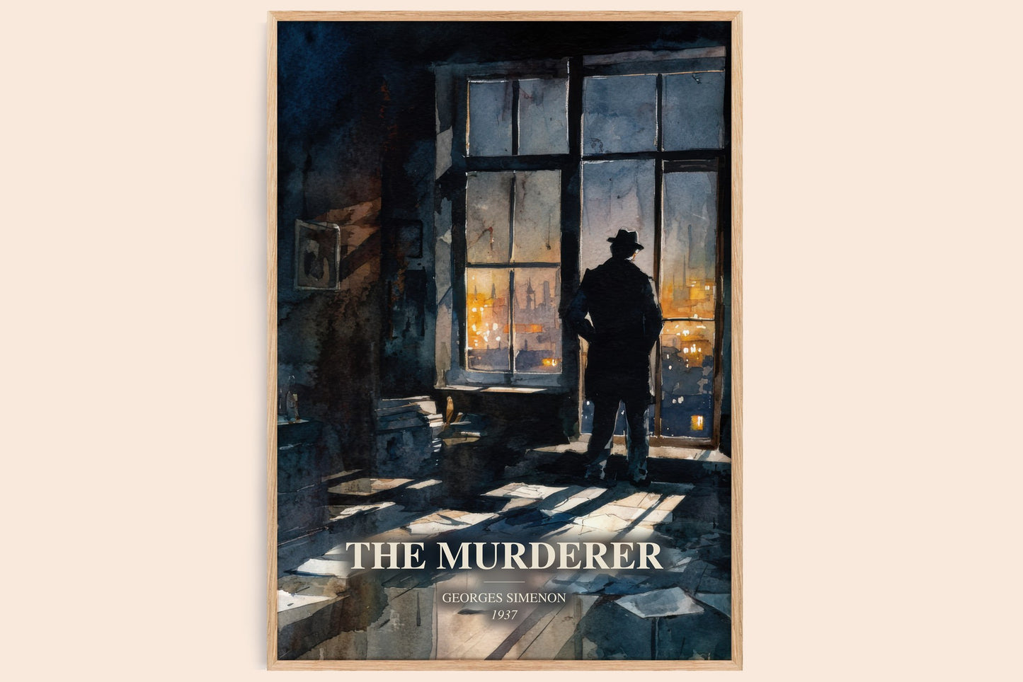 The Murderer watercolour book poster by Georges Simenon – framed literary art print