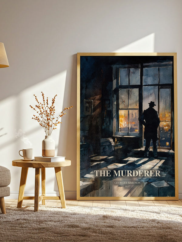 The Murderer watercolour print in frame leaning in hallway – crime wall art