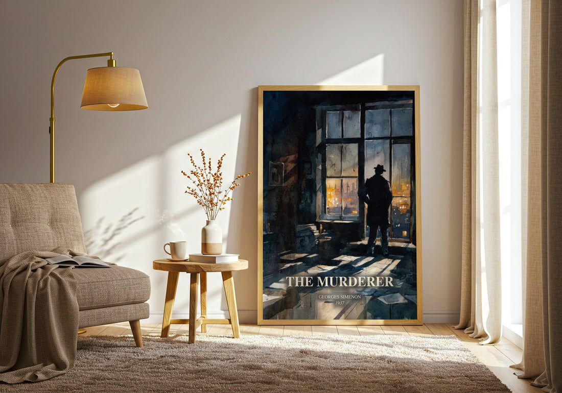 The Murderer watercolour print in frame leaning in hallway – crime wall art (mockup)