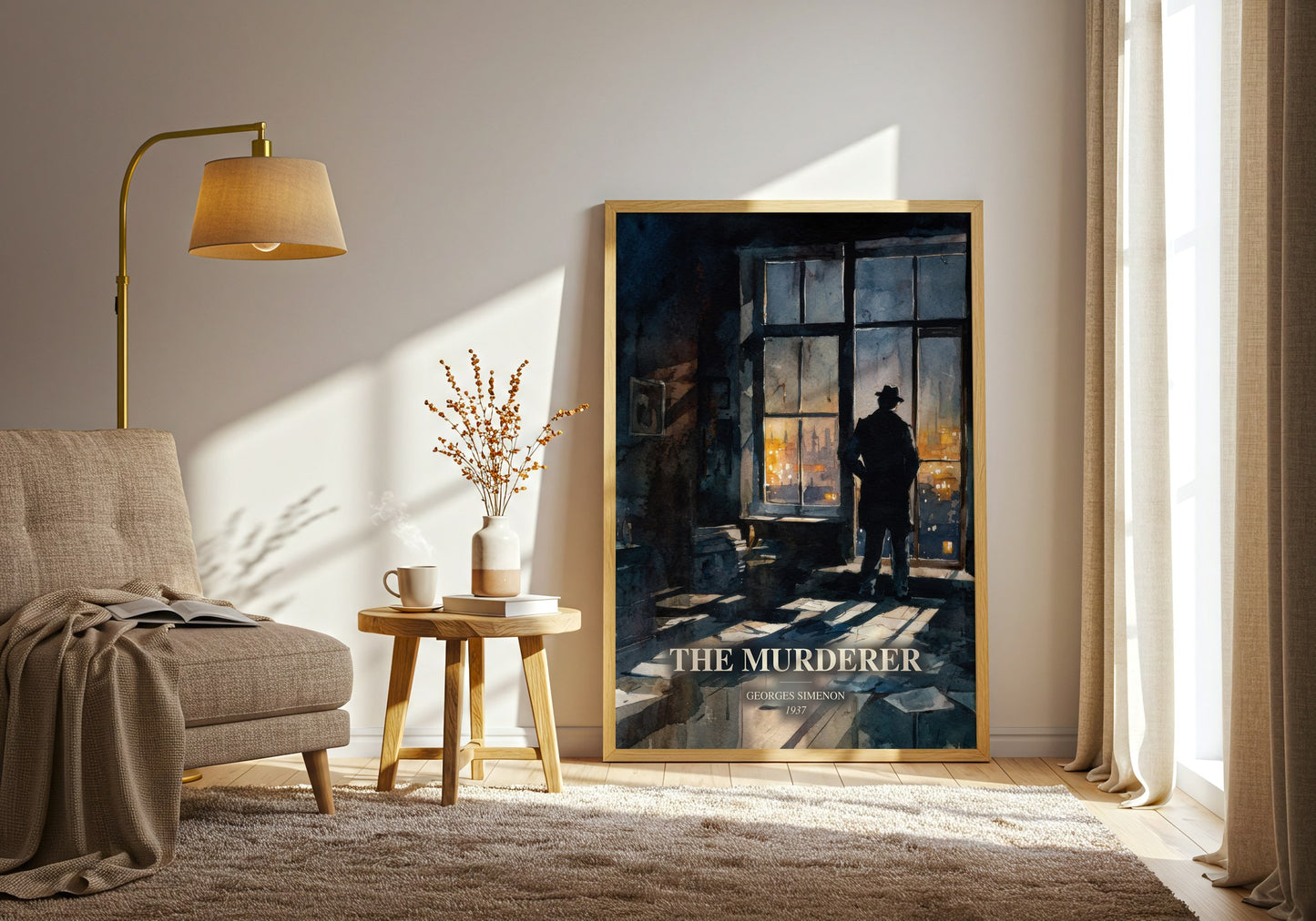 The Murderer watercolour print in frame leaning in hallway – crime wall art