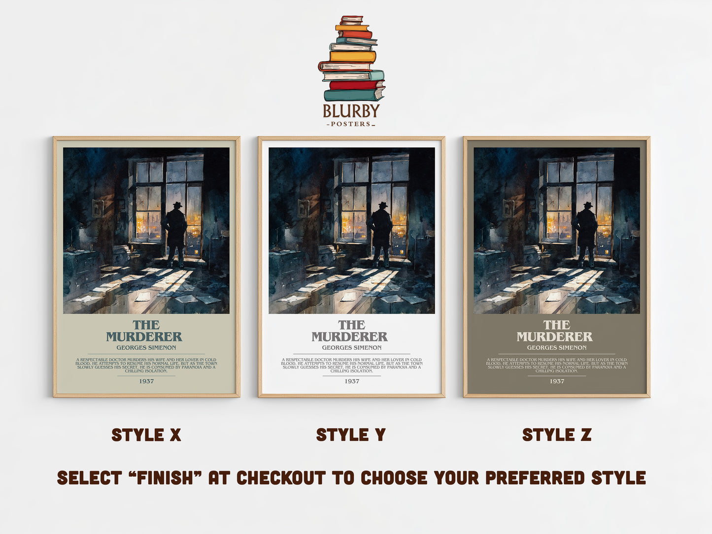 The Murderer bookish print in frame leaning in hallway – non fiction wall art