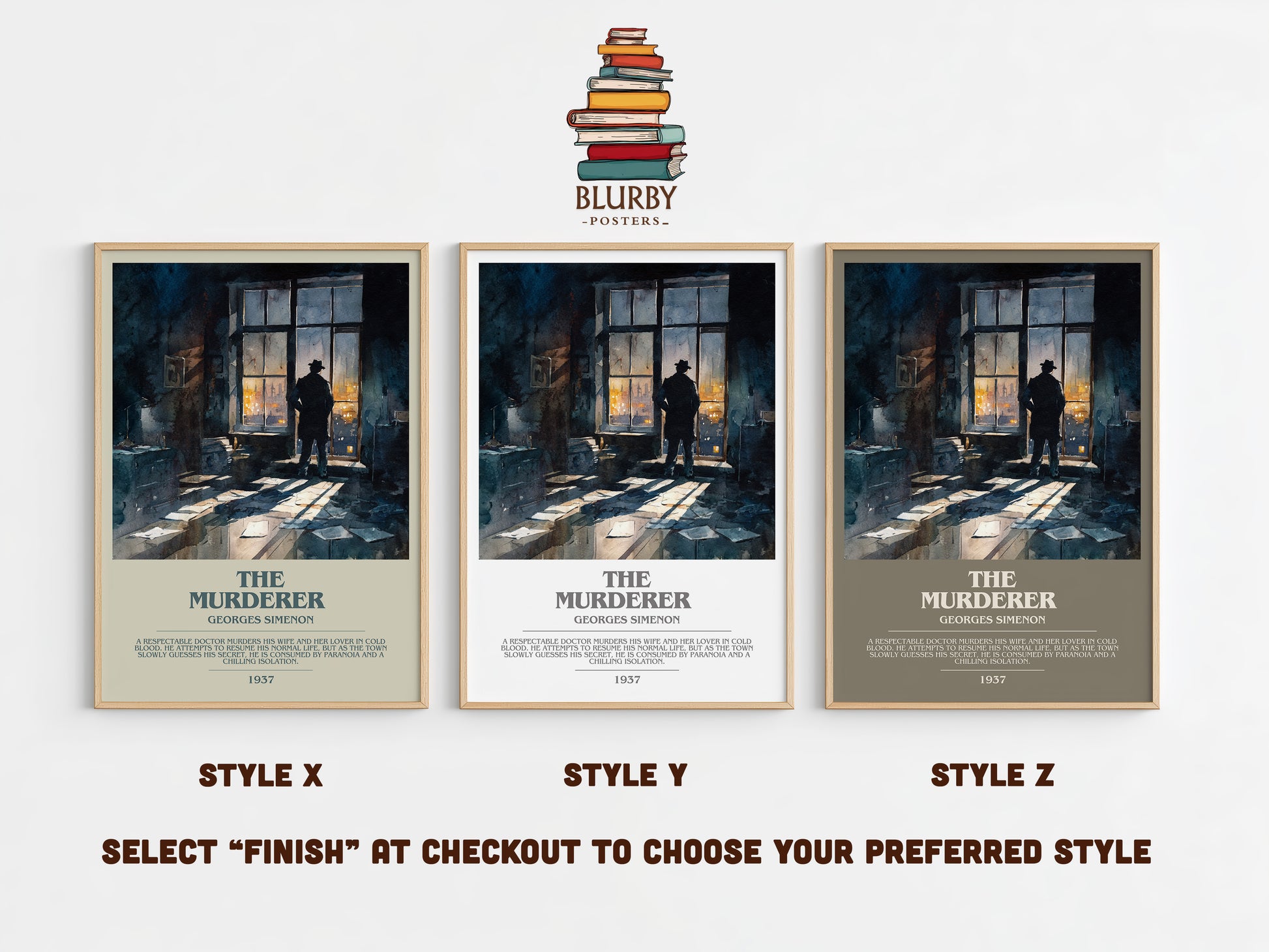 The Murderer bookish print in frame leaning in hallway – non fiction wall art