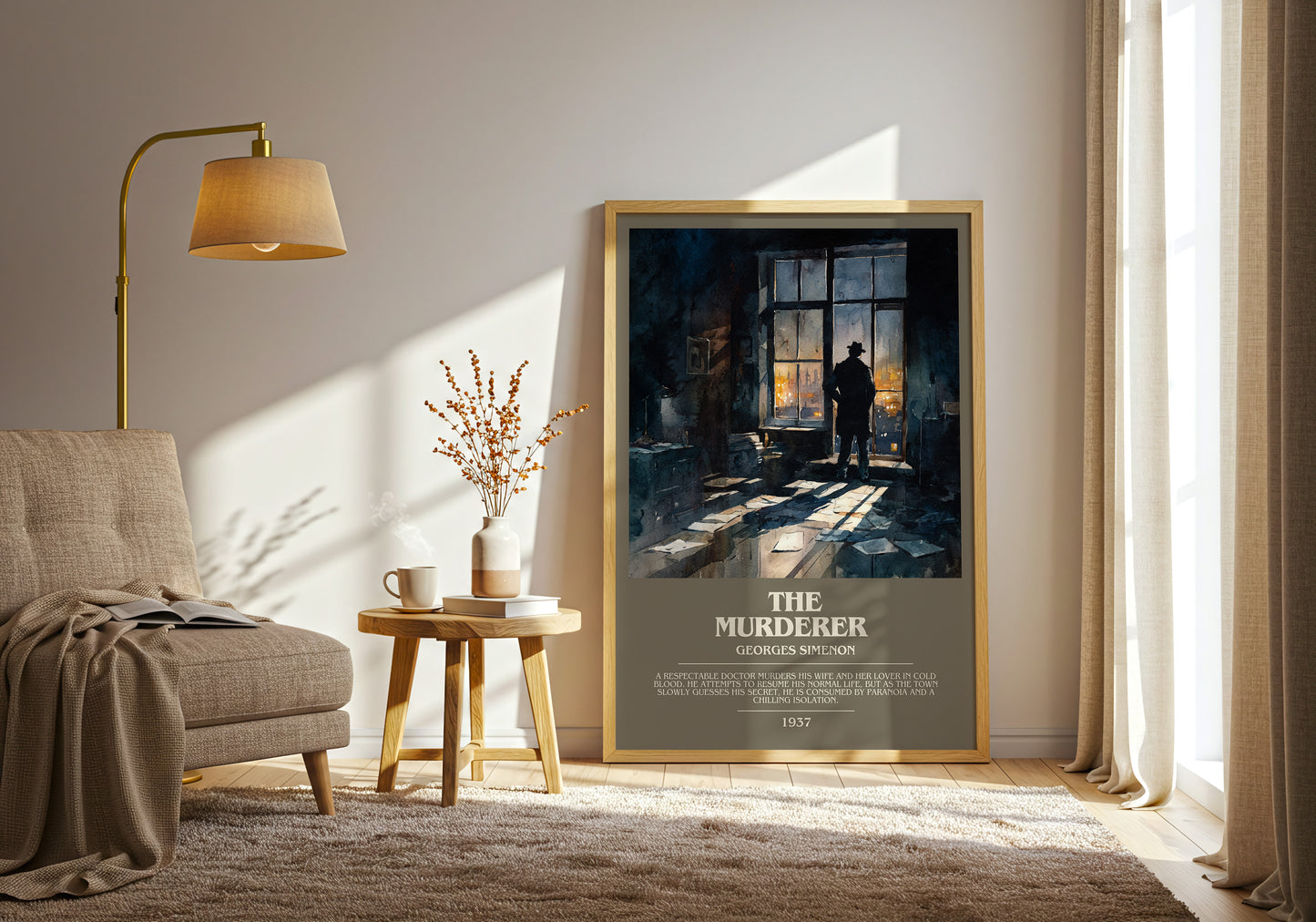 The Murderer bookish print framed by window – literary home decor