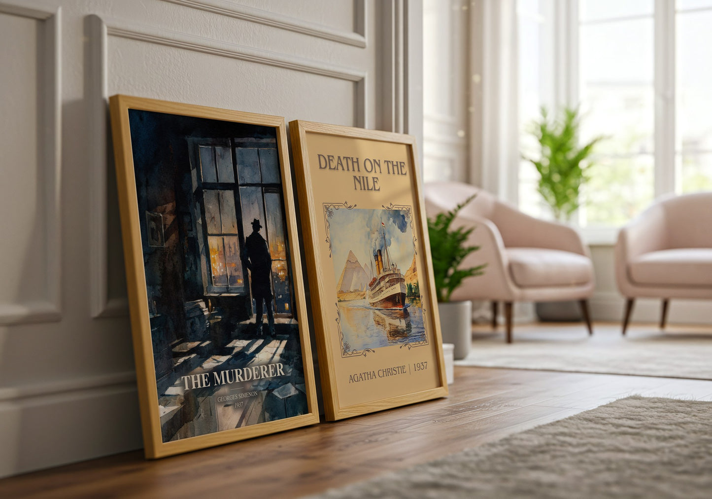 The Murderer watercolour print framed by window – literary home decor