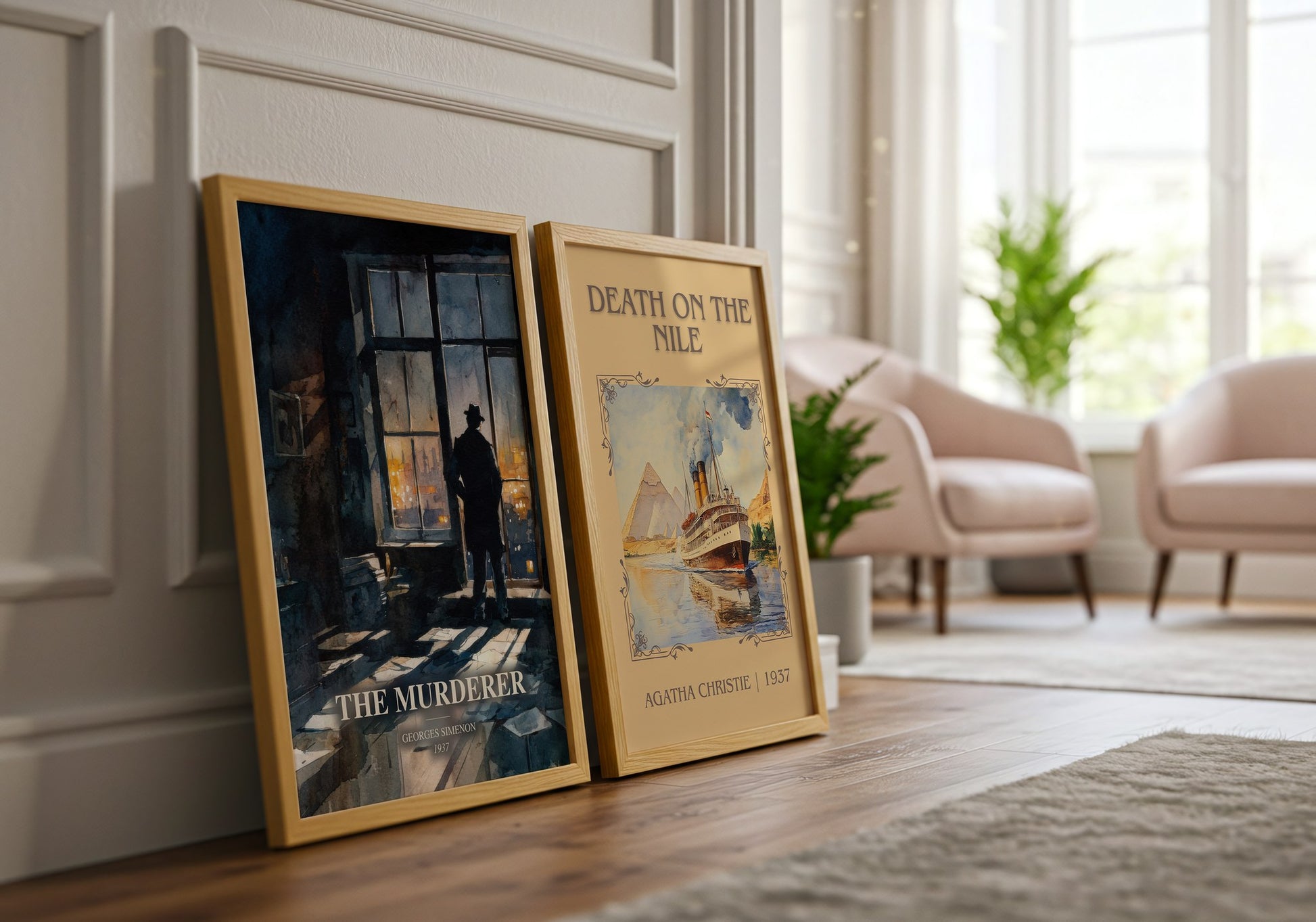 The Murderer watercolour print framed by window – literary home decor