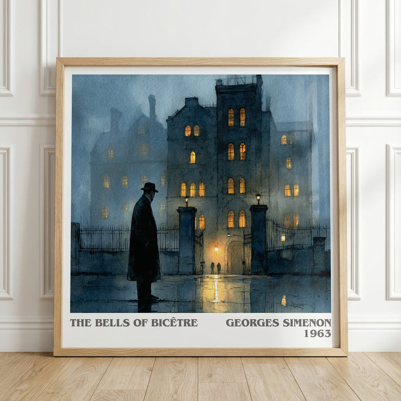 The Bells of Bicêtre literary print in frame leaning in hallway – crime wall art