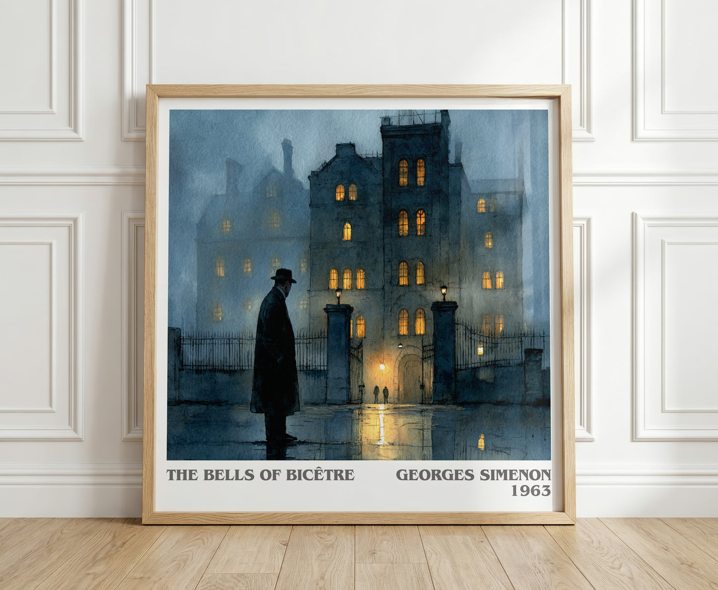 The Bells of Bicêtre literary print in frame leaning in hallway – crime wall art