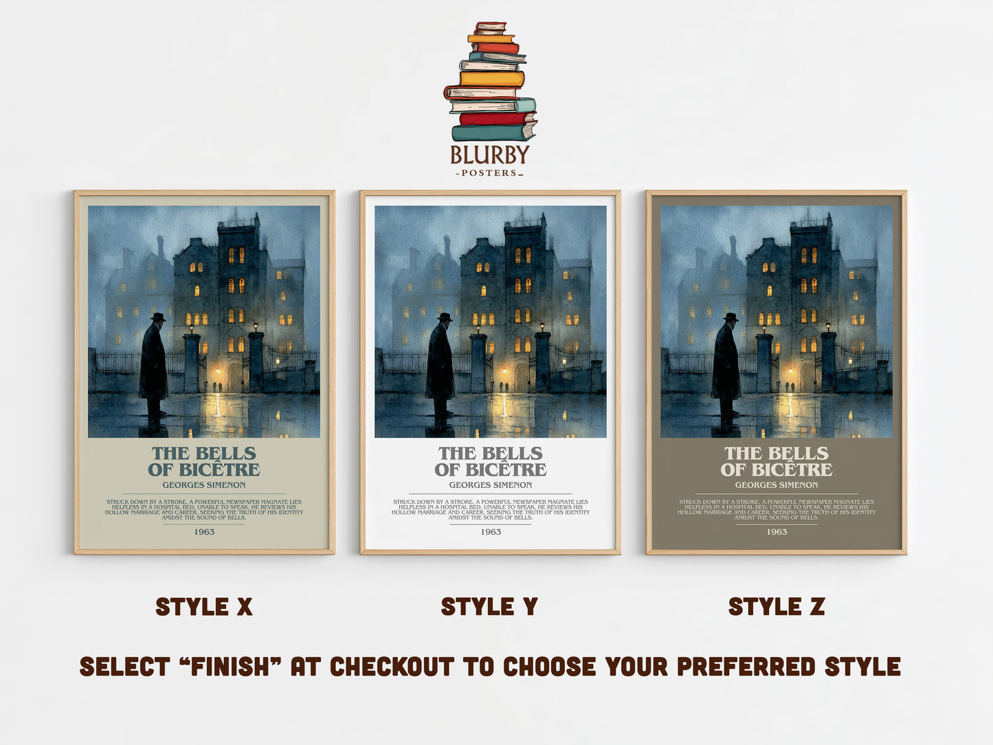 The Bells of Bicêtre bookish print in frame leaning in hallway – crime wall art