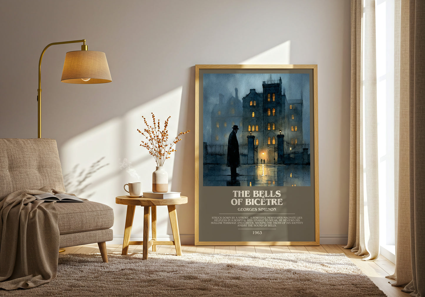 The Bells of Bicêtre bookish print framed by window – literary home decor