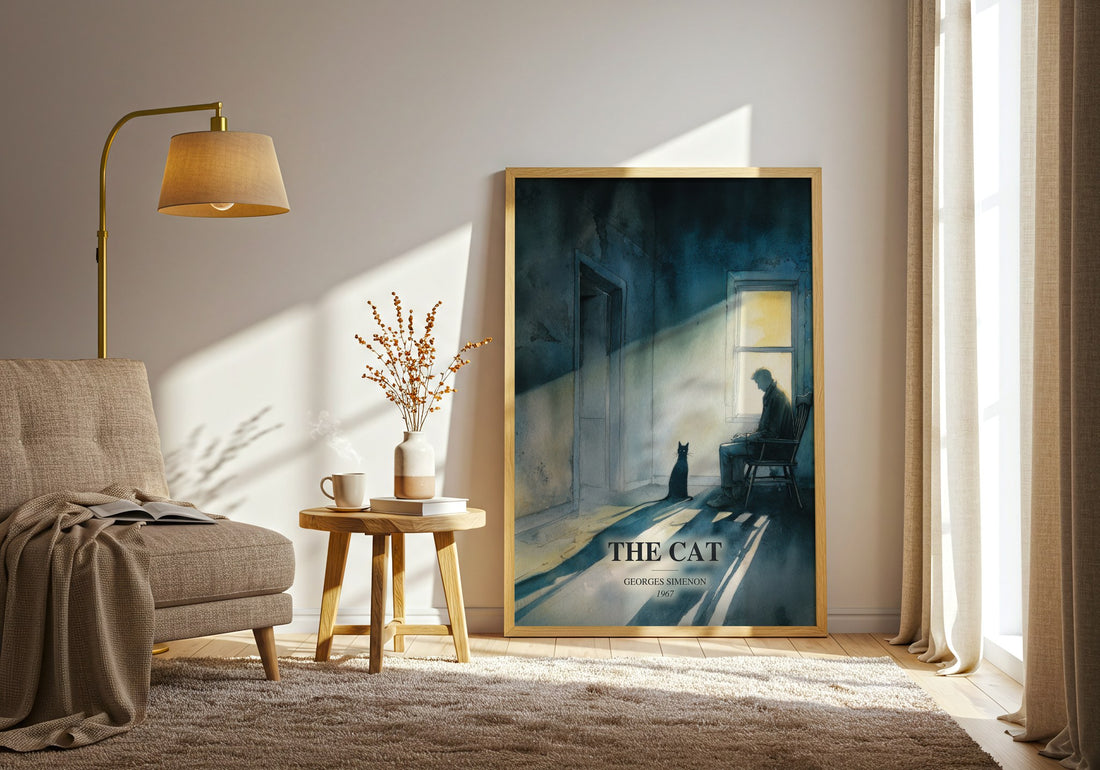 The Cat watercolour print in frame leaning in hallway – literary fiction wall art (mockup)