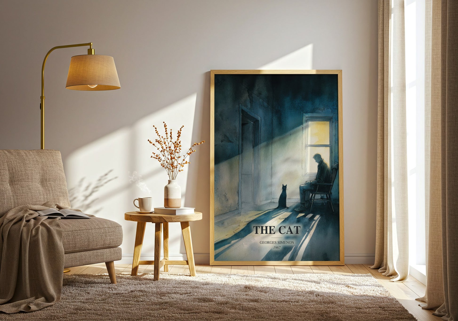 The Cat watercolour print in frame leaning in hallway – literary fiction wall art