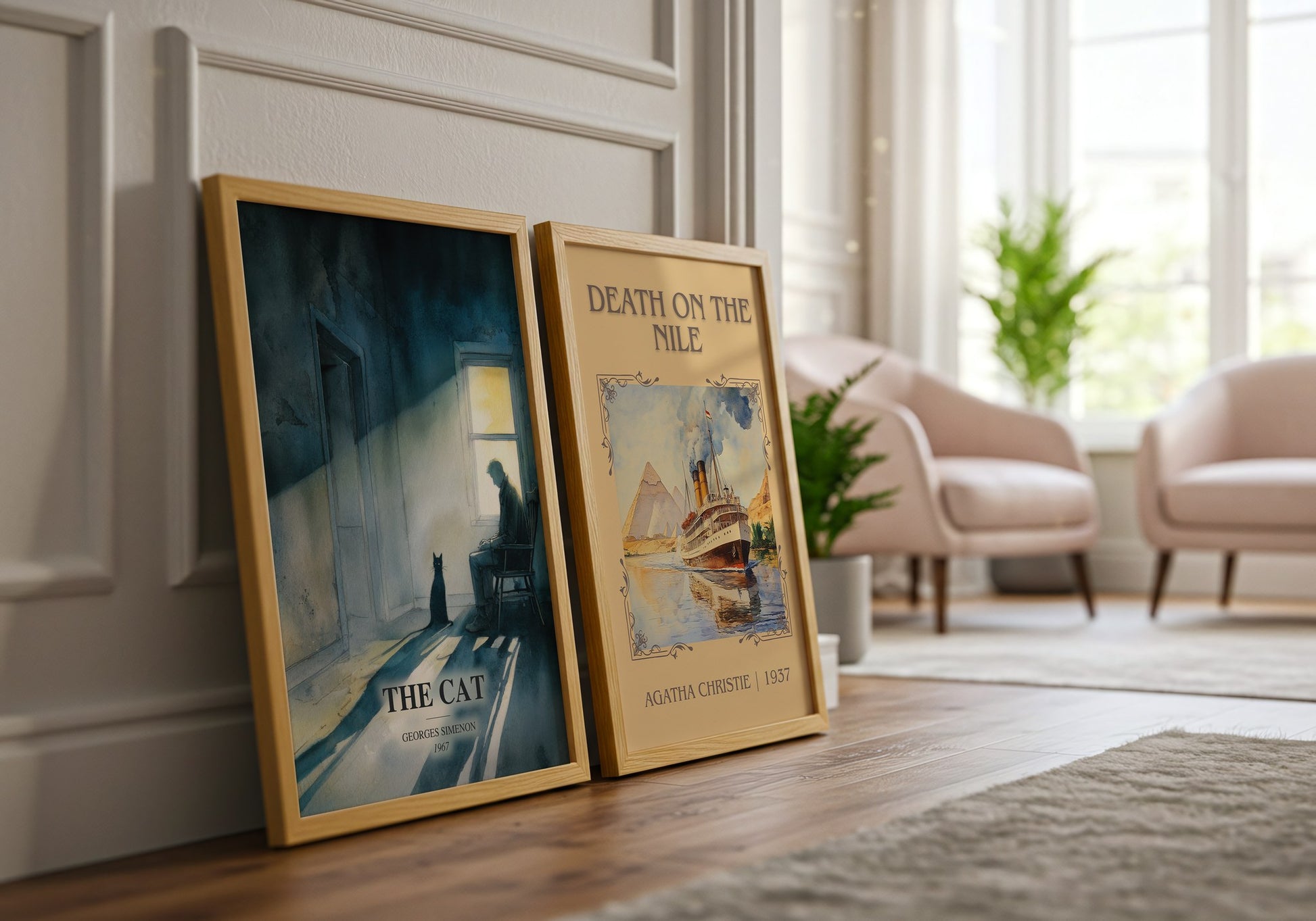 The Cat watercolour print framed by window – literary home decor
