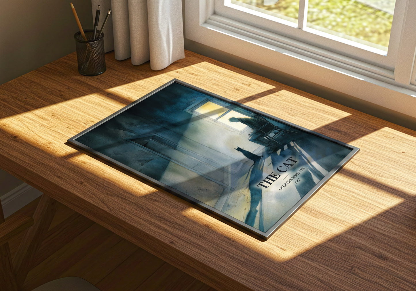 The Cat watercolour book poster framed on wall – literary fiction wall art