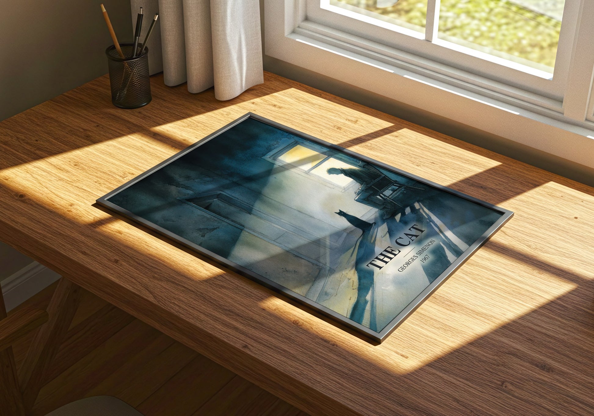 The Cat watercolour book poster framed on wall – literary fiction wall art