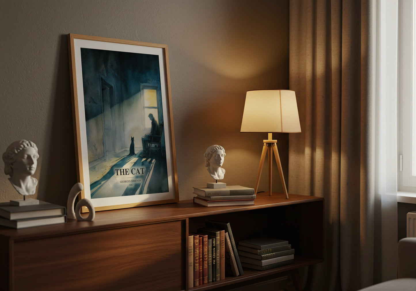 The Cat watercolour print on bookshelf – Georges Simenon fan gift