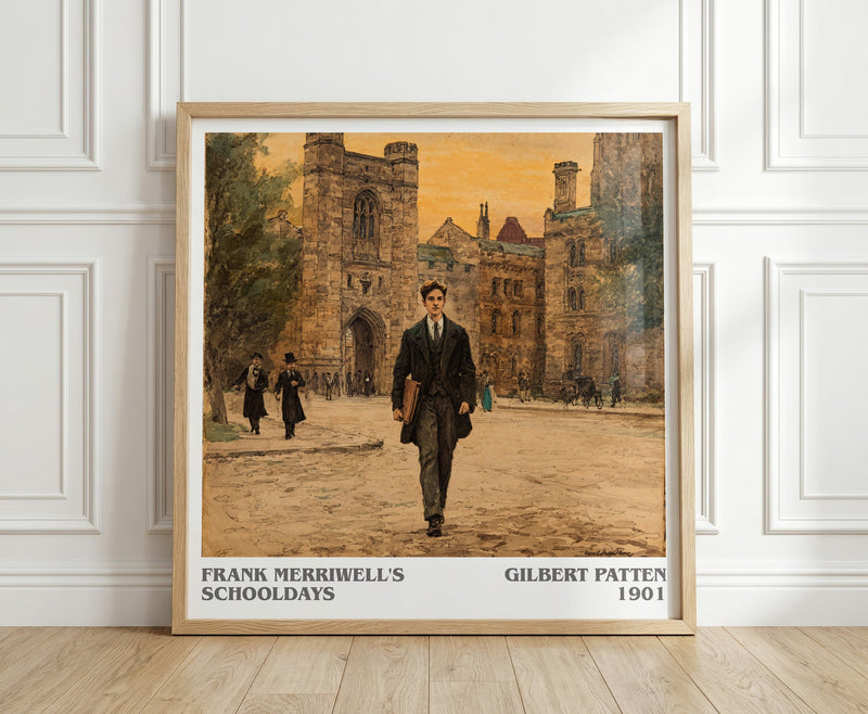 Frank Merriwell's Schooldays literary print in frame leaning in hallway – classic literature wall art