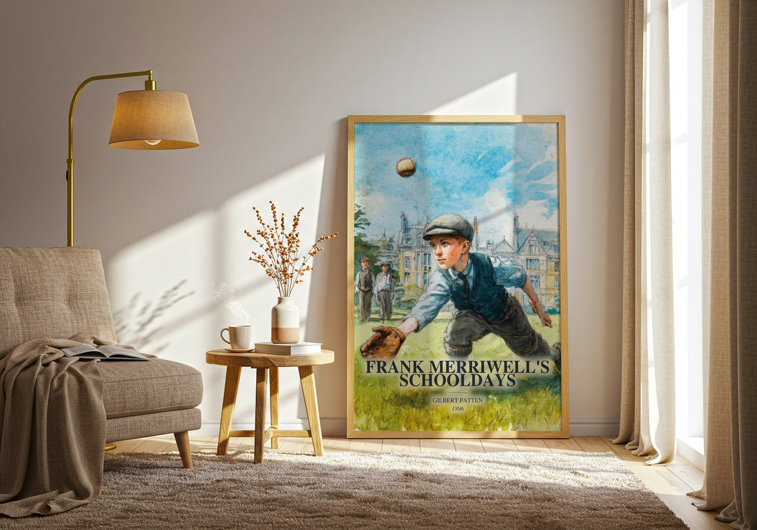 Frank Merriwell'S Schooldays watercolour print in frame leaning in hallway – young adult wall art (mockup)