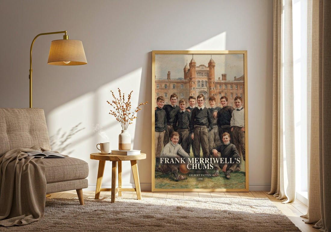 Frank Merriwell'S Chums watercolour print in frame leaning in hallway – childrens wall art (mockup)