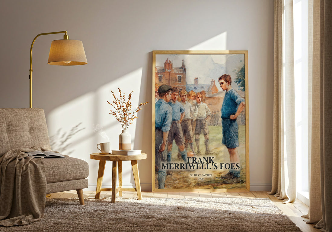 Frank Merriwell'S Foes watercolour print in frame leaning in hallway – adventure wall art (mockup)