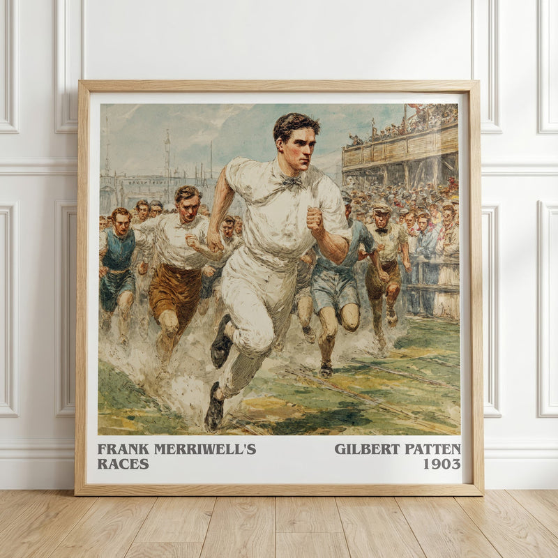 Frank Merriwell's Races literary print in frame leaning in hallway – adventure wall art