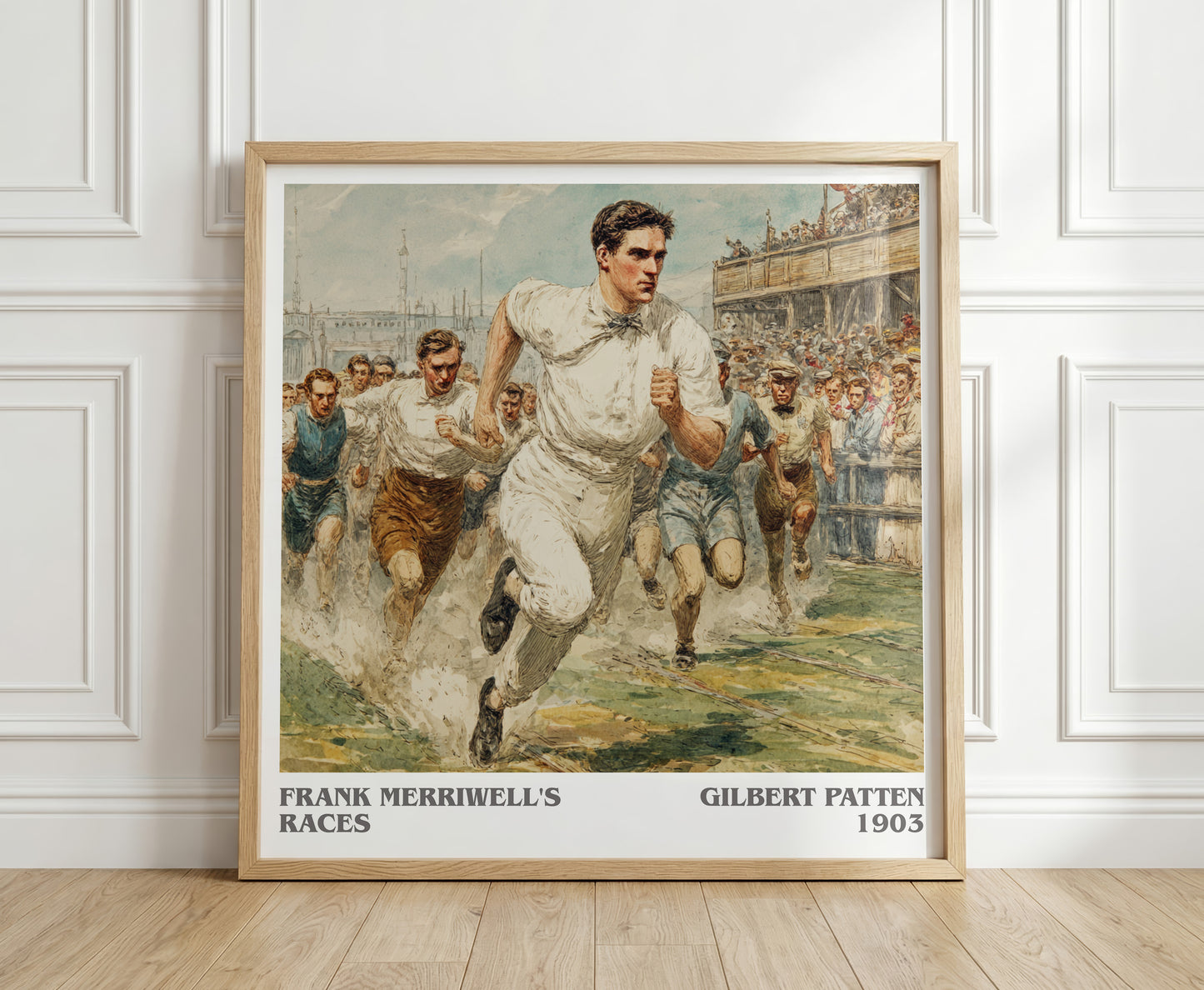Frank Merriwell's Races literary print in frame leaning in hallway – adventure wall art