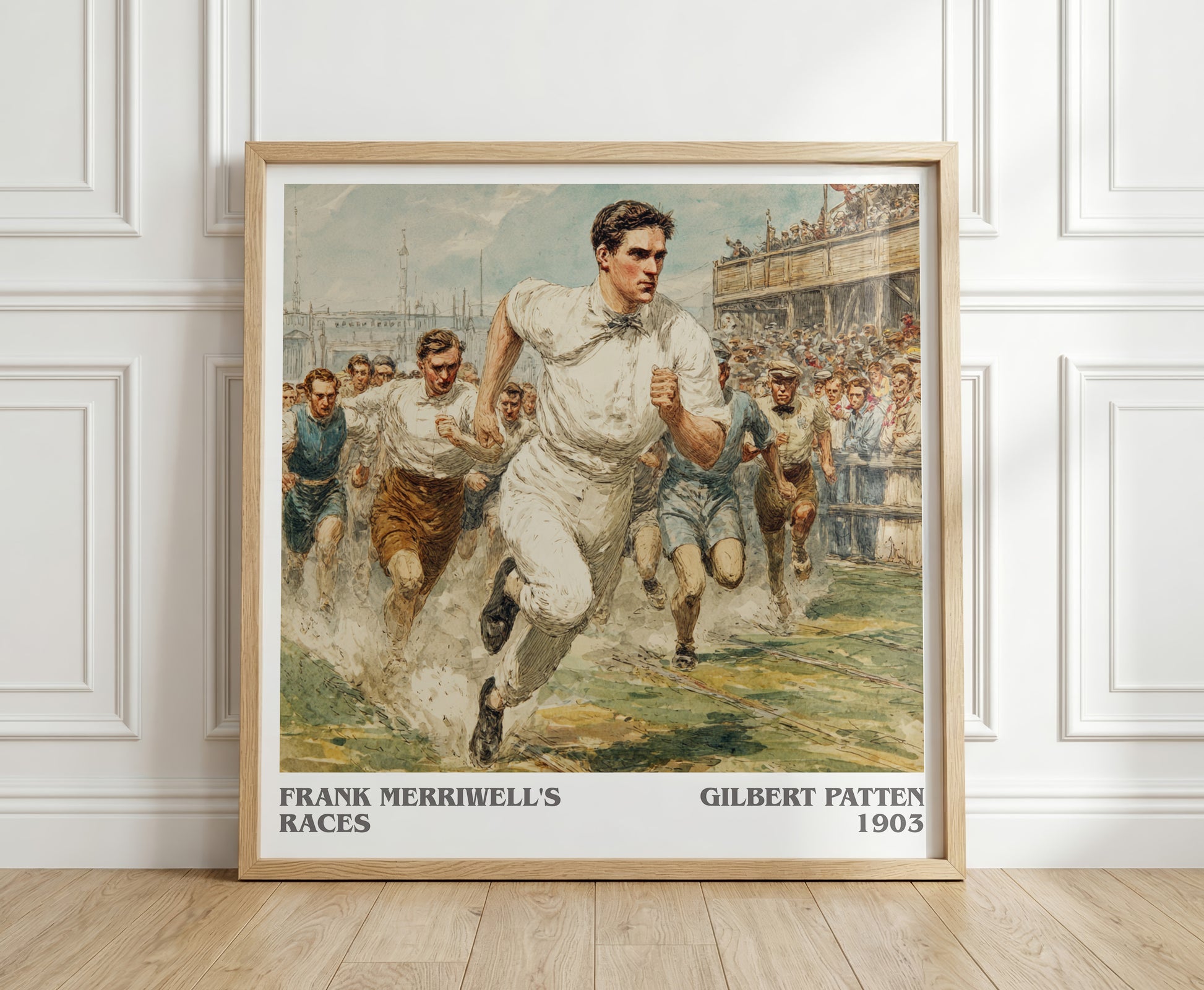 Frank Merriwell's Races literary print in frame leaning in hallway – adventure wall art