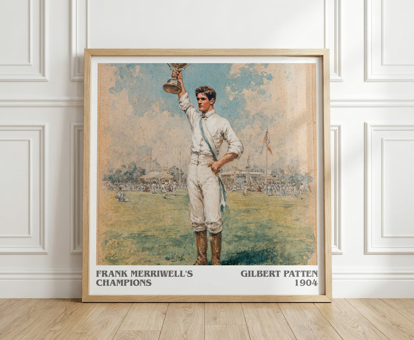 Frank Merriwell's Champions literary print in frame leaning in hallway – adventure wall art