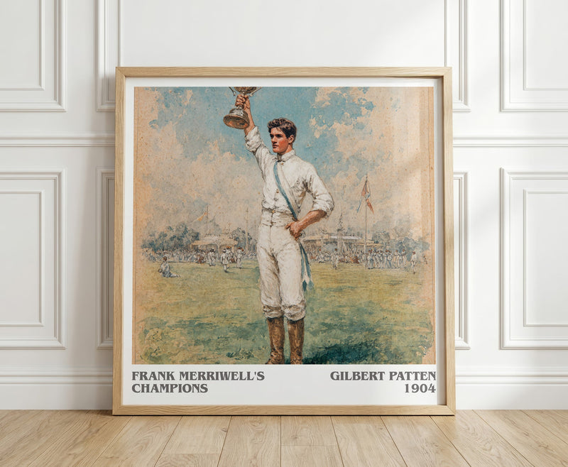 Frank Merriwell's Champions literary print in frame leaning in hallway – adventure wall art