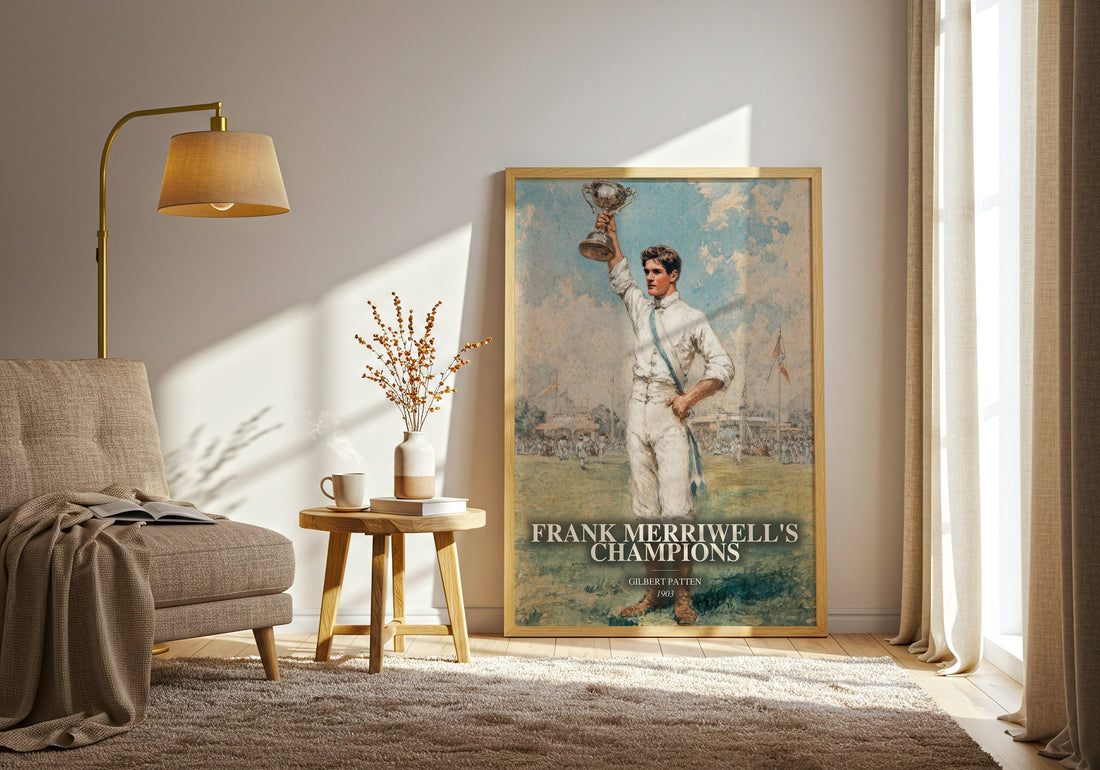 Frank Merriwell'S Champions watercolour print in frame leaning in hallway – young adult wall art (mockup)