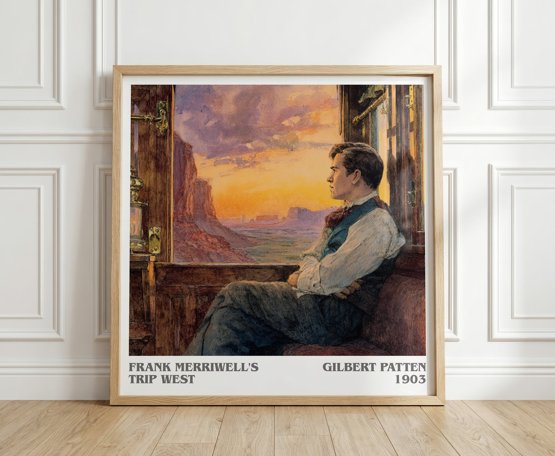 Frank Merriwell's Trip West literary print in frame leaning in hallway – adventure wall art