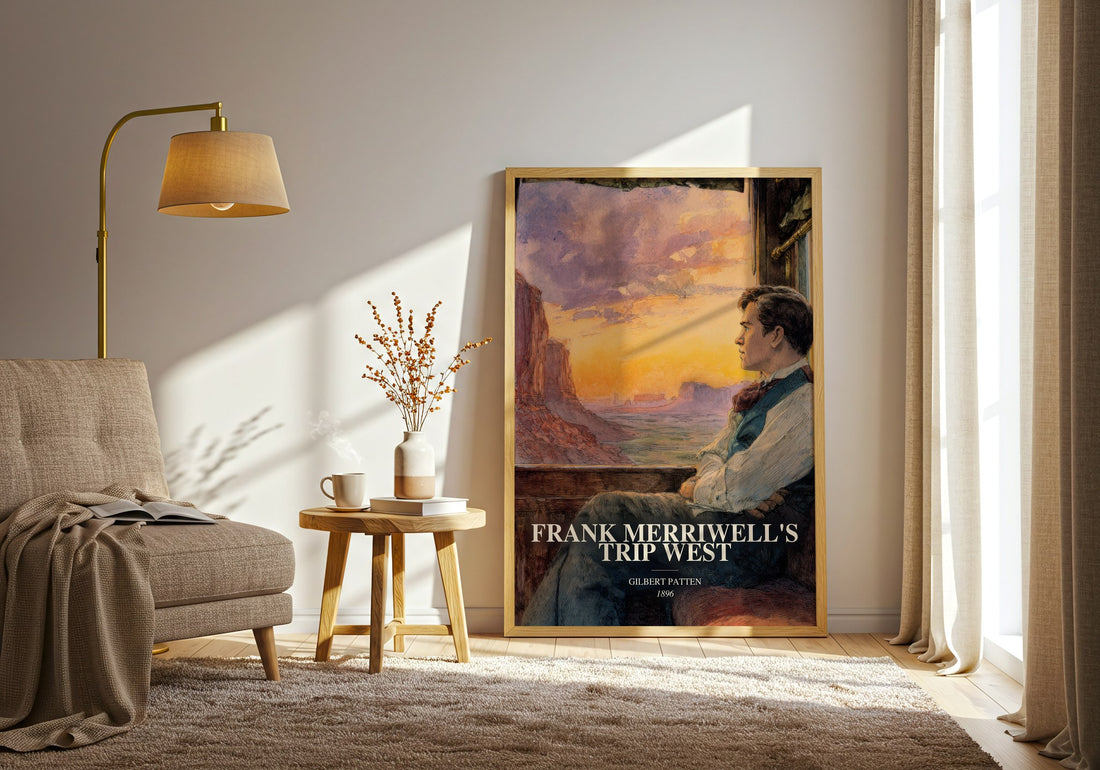 Frank Merriwell'S Trip West watercolour print in frame leaning in hallway – adventure wall art (mockup)