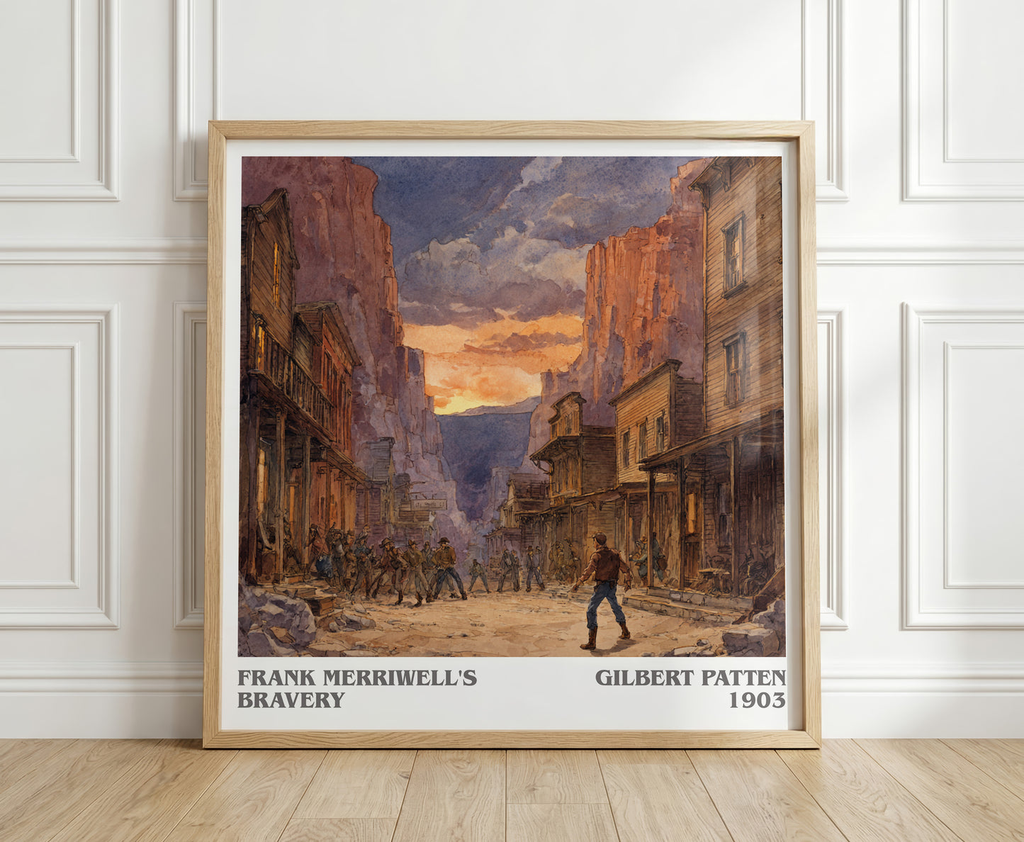 Frank Merriwell's Bravery literary print in frame leaning in hallway – adventure wall art