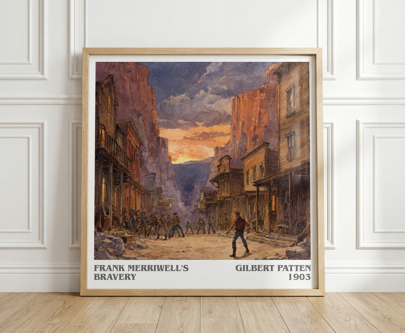 Frank Merriwell's Bravery literary print in frame leaning in hallway – adventure wall art