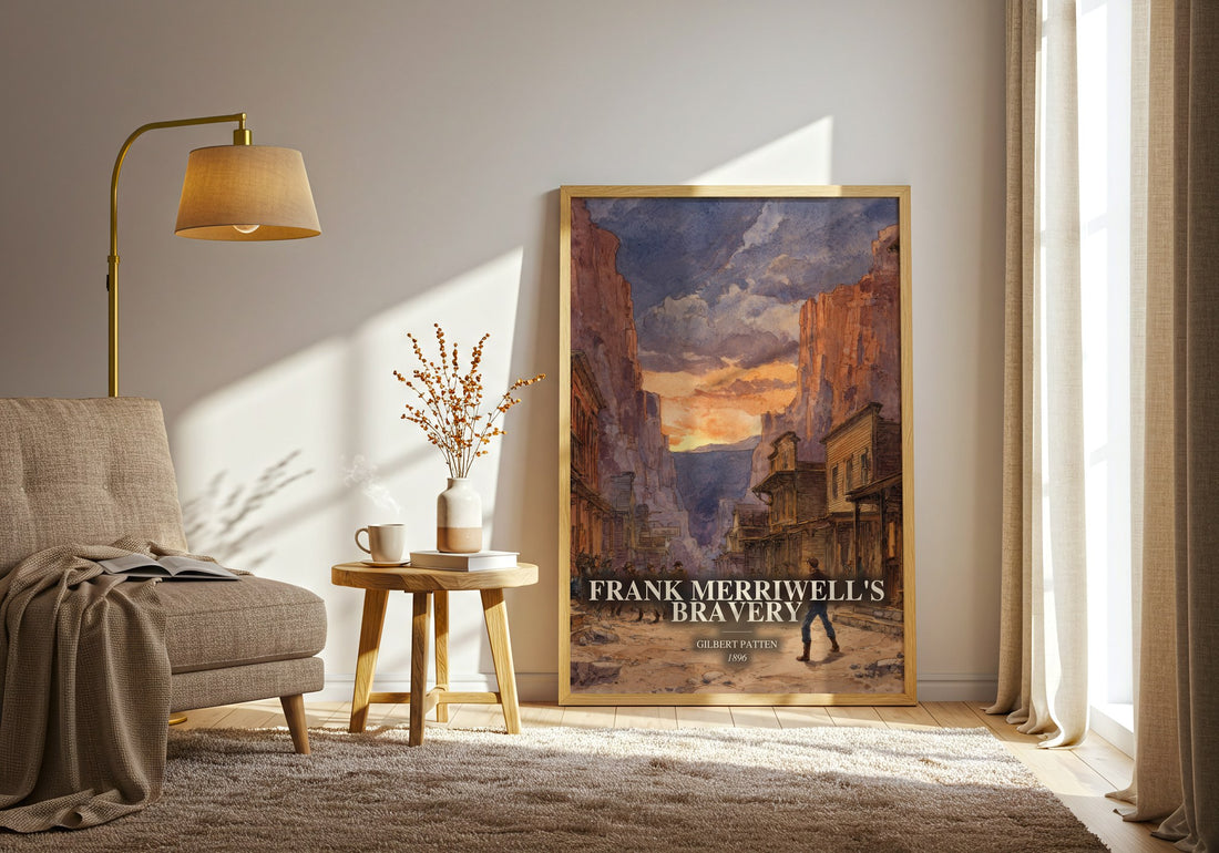Frank Merriwell'S Bravery watercolour print in frame leaning in hallway – adventure wall art (mockup)