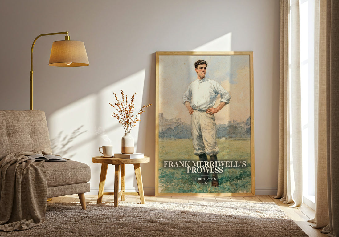 Frank Merriwell'S Prowess watercolour print in frame leaning in hallway – adventure wall art (mockup)