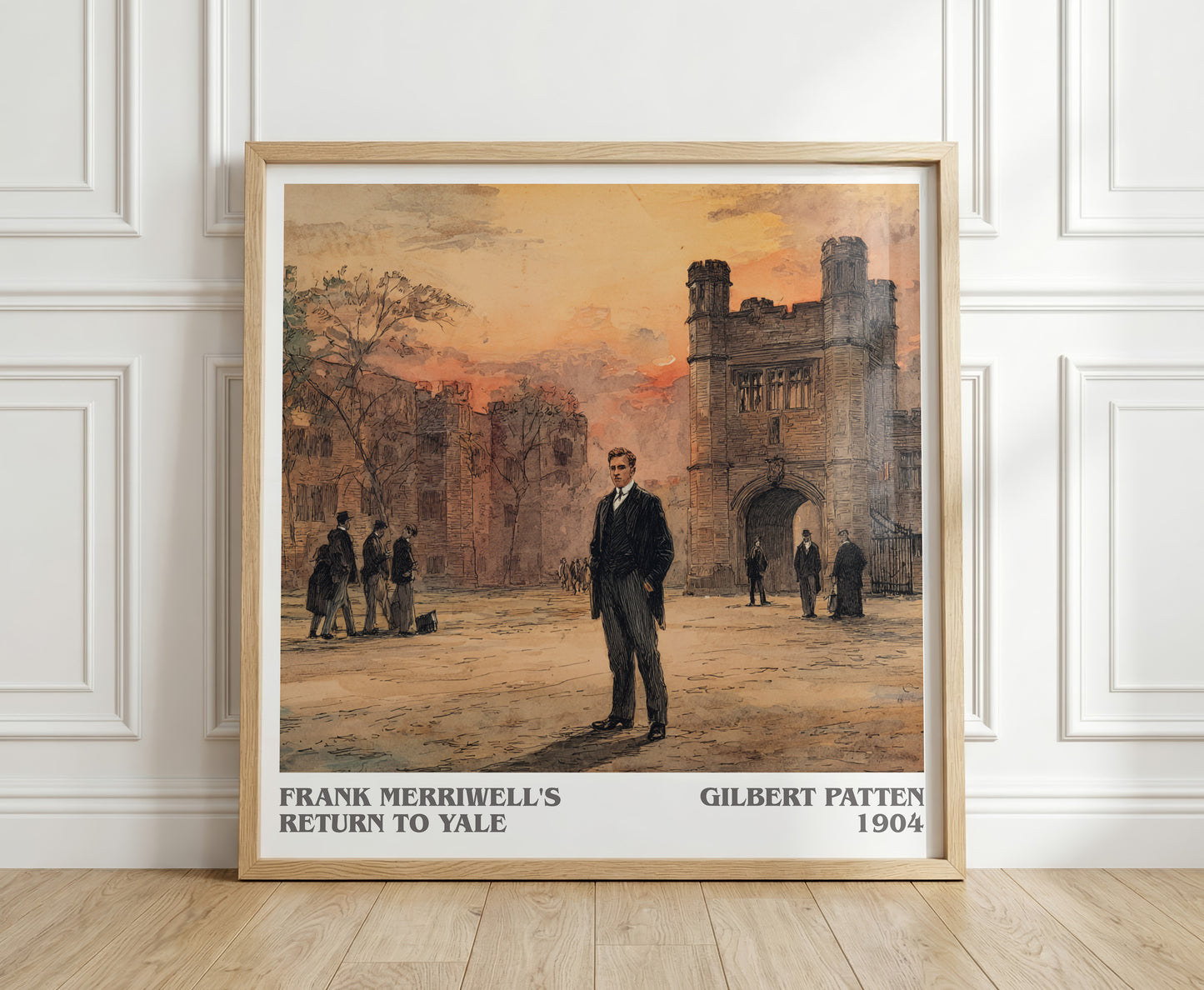 Frank Merriwell's Return To Yale literary print in frame leaning in hallway – adventure wall art