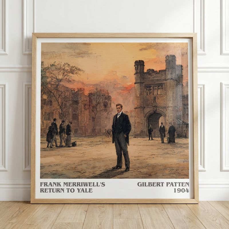 Frank Merriwell's Return To Yale literary print in frame leaning in hallway – adventure wall art