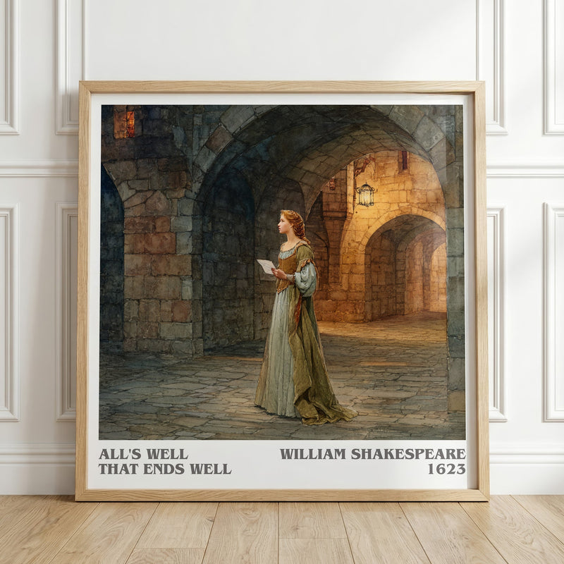 All's Well That Ends Well literary print in frame leaning in hallway – adventure wall art