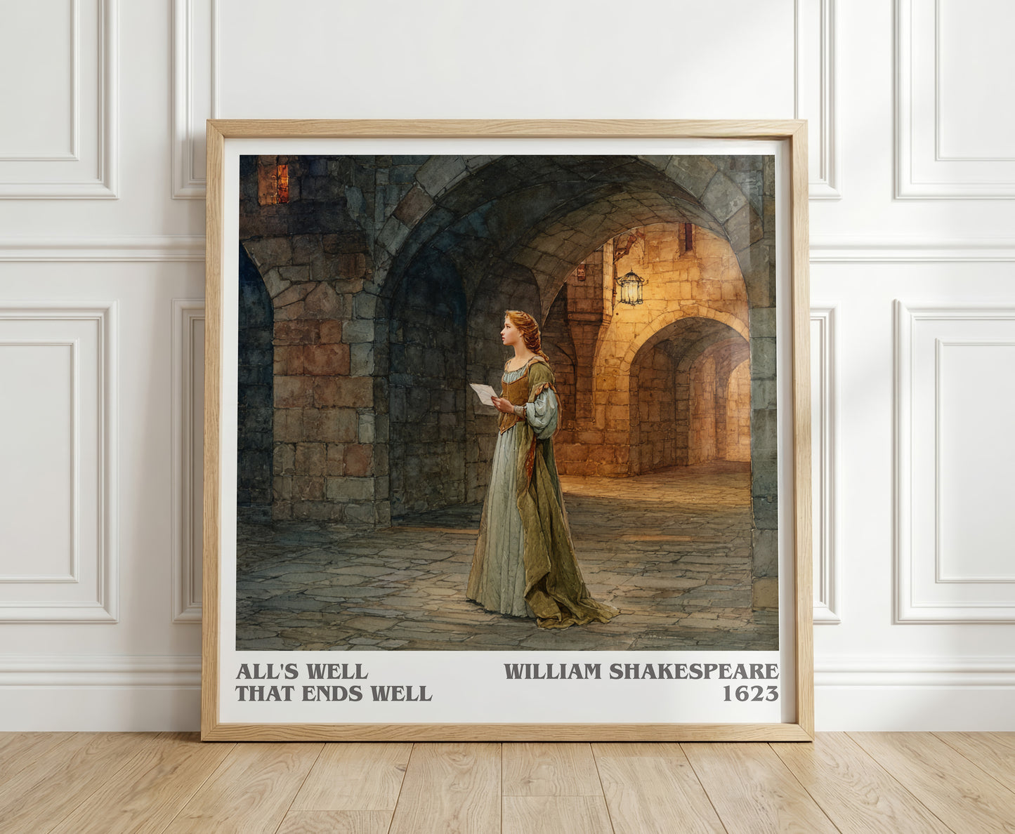 All's Well That Ends Well literary print in frame leaning in hallway – adventure wall art